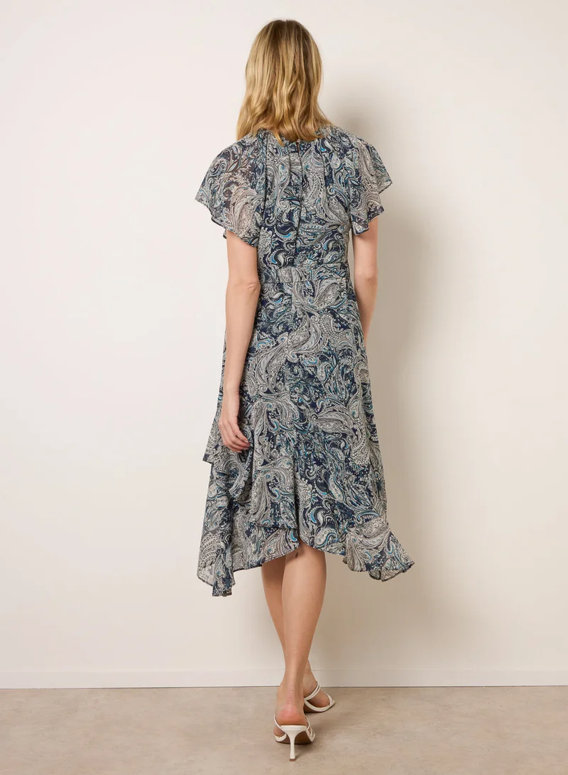 Blue Vanilla Paisley Print Angel Sleeve Asymmetric Midi Dress